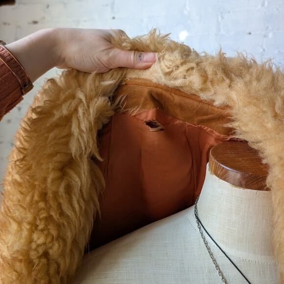Vintage Orange Suede Penny Lane Jacket Leather Trench Coat Faux Fur Coat Large - Picture 10 of 12